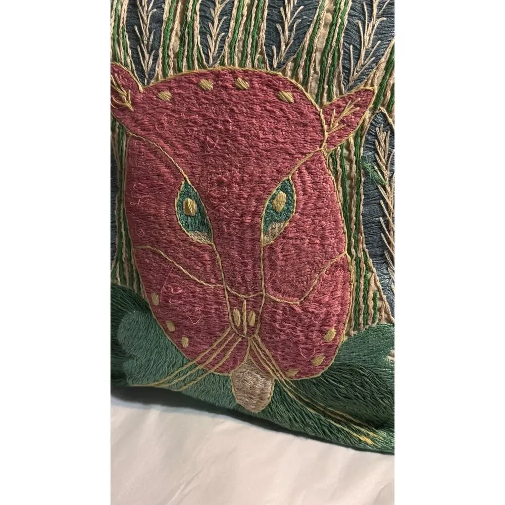 Vintage Crewel Embroidered Cat Pillow Textured Fiber Art Cushion